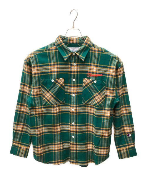Champion（チャンピオン）Champion (チャンピオン) フランネルシャツ グリーン×オレンジ サイズ:MEDIUMの古着・服飾アイテム