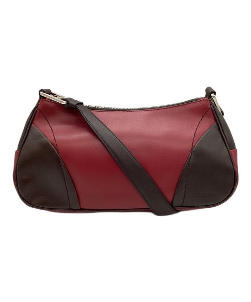 PRADA（プラダ）PRADA (プラダ) ロゴ レザーワンショルダーバッグ レッド×ブラウンの古着・服飾アイテム