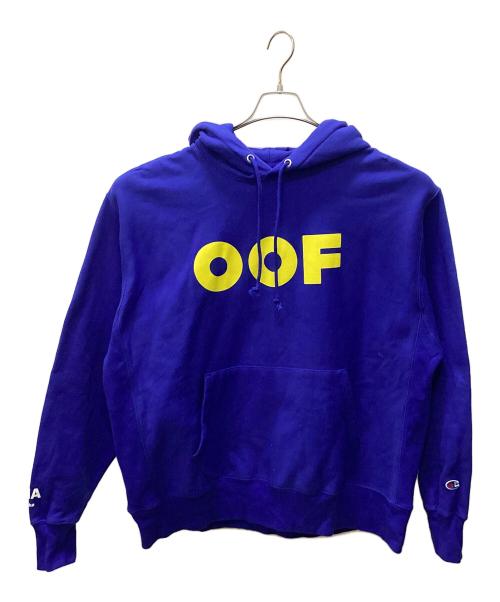 Champion（チャンピオン）Champion (チャンピオン) MoMA (モマ) ED RUSCHA OOF REVERSE WEAVE フーディー ブルー×イエロー サイズ:X-LARGEの古着・服飾アイテム