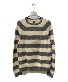 HUMAN MADE（ヒューマンメイド）の古着「Heart Stripe Border Reglan Knit」｜ホワイト×グレー
