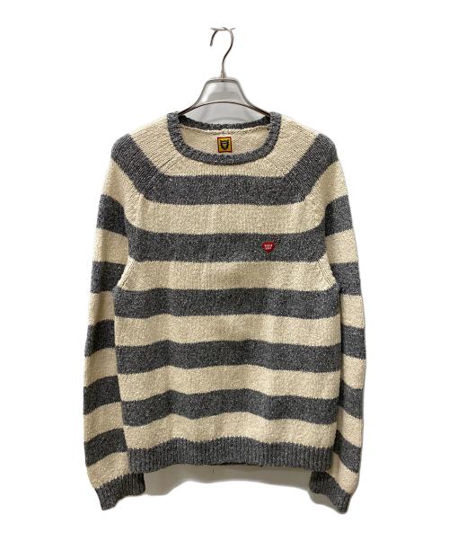 HUMAN MADE（ヒューマンメイド）HUMAN MADE (ヒューマンメイド) Heart Stripe Border Reglan Knit ホワイト×グレー サイズ:Lの古着・服飾アイテム