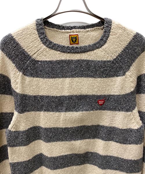 HUMAN MADE（ヒューマンメイド）HUMAN MADE (ヒューマンメイド) Heart Stripe Border Reglan Knit ホワイト×グレー サイズ:Lの古着・服飾アイテム