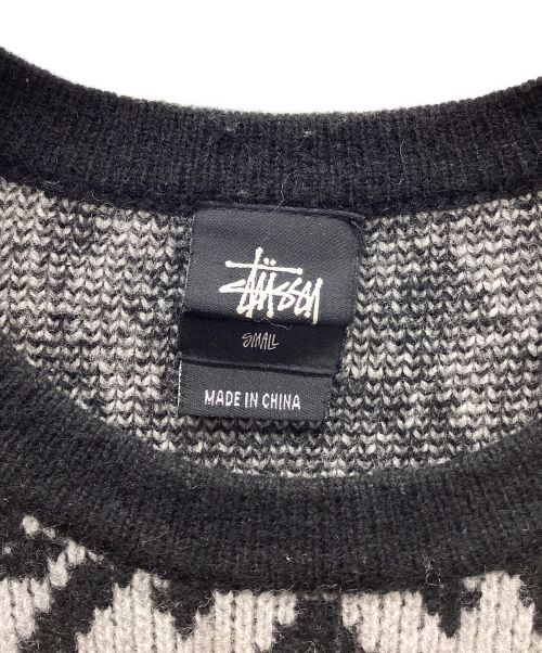 stussy（ステューシー）stussy (ステューシー) クルーネックニット ブラック×ホワイト サイズ:Sの古着・服飾アイテム