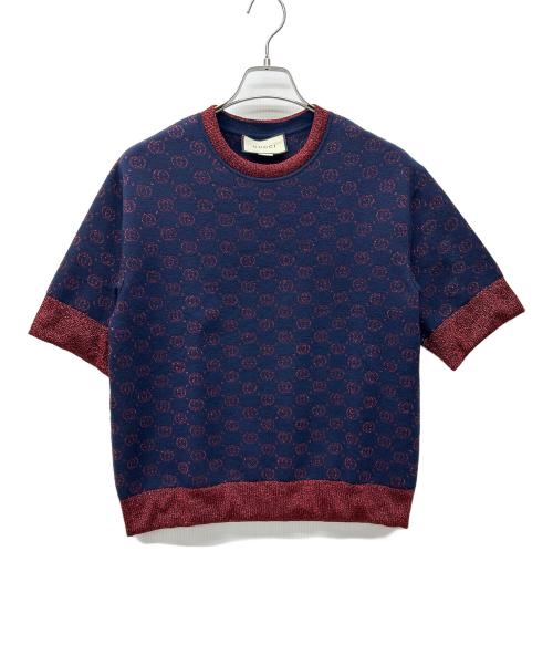 GUCCI（グッチ）GUCCI (グッチ) 半袖ニット ネイビー×レッド サイズ:M　　　　　　　　の古着・服飾アイテム