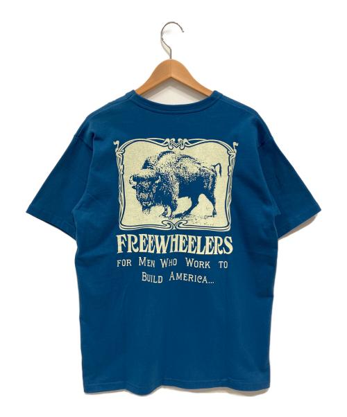 freewheelers（フリーホイーラーズ）freewheelers (フリーホイーラーズ) POWER WEAR (パワーウェア) プリントTシャツ ブルー×ホワイト サイズ:Lの古着・服飾アイテム