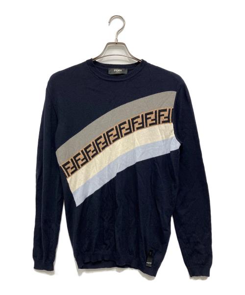 FENDI（フェンディ）FENDI (フェンディ) 薄手ニット ネイビー×ベージュ サイズ:48の古着・服飾アイテム