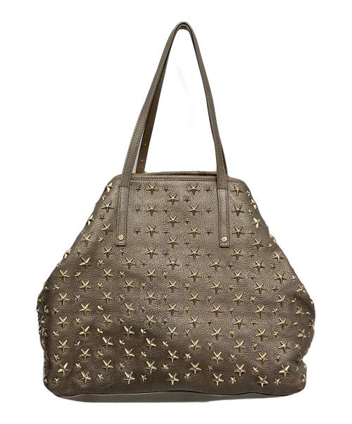 JIMMY CHOO（ジミーチュウ）JIMMY CHOO (ジミーチュウ) スタースタッズトートバッグ サシャ SASHA M ベージュ×ゴールドの古着・服飾アイテム