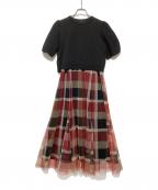 BLUE LABEL CRESTBRIDGEブルーレーベルクレストブリッジ）の古着「クレストブリッジチェックチュールニットセットアップ」｜ブラック×レッド×マルチカラー