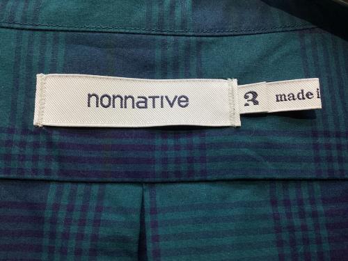 nonnative（ノンネイティブ）nonnative (ノンネイティブ) ノーカラー半袖シャツ グリーン×ネイビー サイズ:3の古着・服飾アイテム