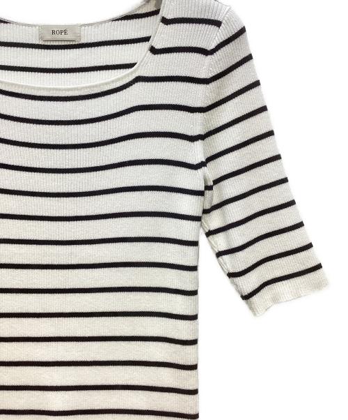 ROPE（ロペ）ROPE (ロペ) シルクプロテイン5分袖ニット ブラック×ホワイト サイズ:FREEの古着・服飾アイテム