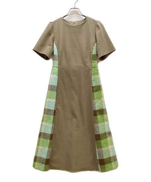 BLUE LABEL CRESTBRIDGE（ブルーレーベルクレストブリッジ）BLUE LABEL CRESTBRIDGE (ブルーレーベルクレストブリッジ) 半袖異素材コンビワンピース カーキ サイズ:36の古着・服飾アイテム