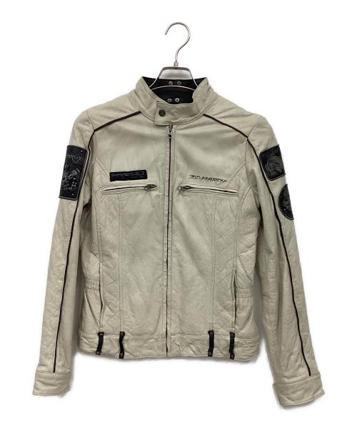 Ed Hardy（エド ハーディー）Ed Hardy (エド ハーディー) レザーライダースジャケット ライトグレー×ブラック サイズ:Mの古着・服飾アイテム