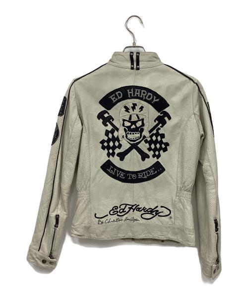 Ed Hardy（エド ハーディー）Ed Hardy (エド ハーディー) レザーライダースジャケット ライトグレー×ブラック サイズ:Mの古着・服飾アイテム