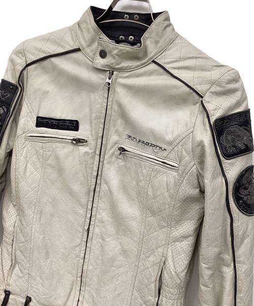 Ed Hardy（エド ハーディー）Ed Hardy (エド ハーディー) レザーライダースジャケット ライトグレー×ブラック サイズ:Mの古着・服飾アイテム