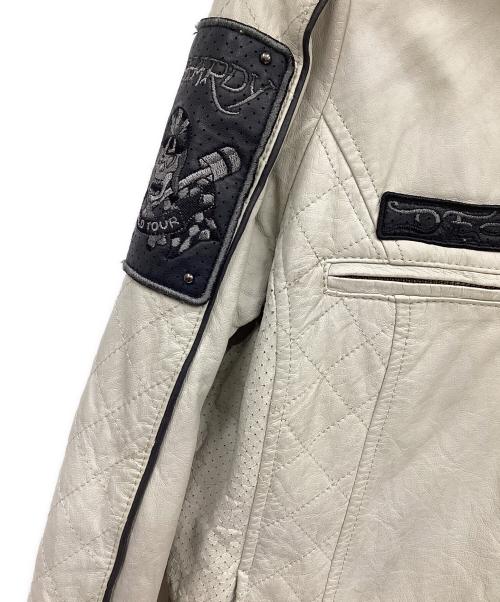 Ed Hardy（エド ハーディー）Ed Hardy (エド ハーディー) レザーライダースジャケット ライトグレー×ブラック サイズ:Mの古着・服飾アイテム