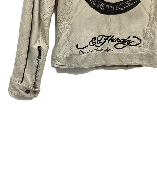 Ed Hardy（エド ハーディー）Ed Hardy (エド ハーディー) レザーライダースジャケット ライトグレー×ブラック サイズ:Mの古着・服飾アイテム