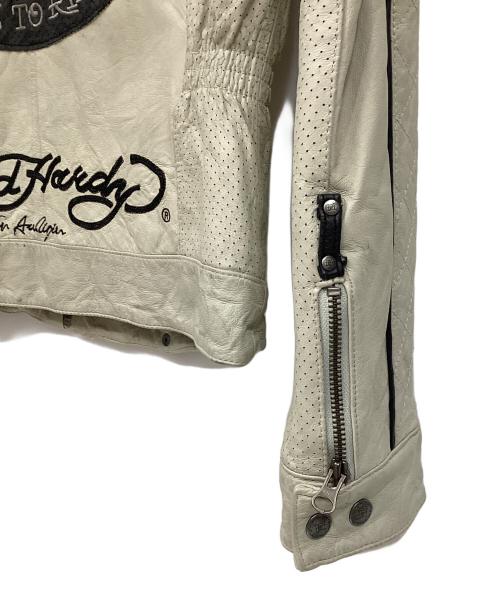 Ed Hardy（エド ハーディー）Ed Hardy (エド ハーディー) レザーライダースジャケット ライトグレー×ブラック サイズ:Mの古着・服飾アイテム