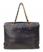 CHANELシャネル）の古着「シャネル/ロゴ刺繍チェーントートバッグ」｜ブラック×ゴールド