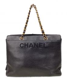 CHANEL（シャネル）の古着「シャネル/ロゴ刺繍チェーントートバッグ」｜ブラック×ゴールド