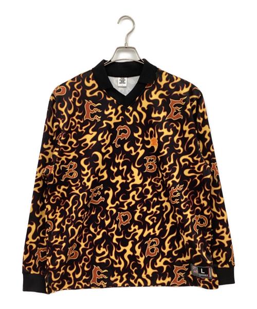 THE BLACK EYE PATCH（ブラックアイパッチ）THE BLACK EYE PATCH (ブラックアイパッチ) FLAME PATTERNED GAME SHIRT ブラック×レッド サイズ:Lの古着・服飾アイテム