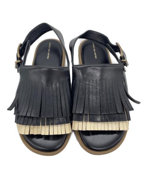 DRIES VAN NOTEN（ドリスヴァンノッテン）DRIES VAN NOTEN (ドリスヴァンノッテン) フリンジレザーサンダル ブラック×ベージュ サイズ:35の古着・服飾アイテム