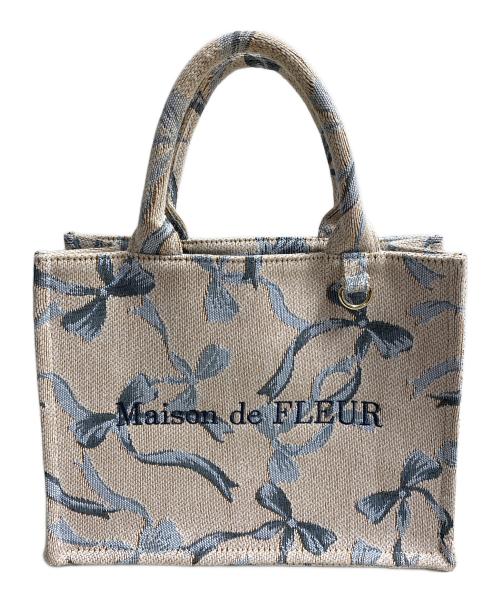 Maison de FLEUR（メゾンドフルール）Maison de FLEUR (メゾンドフルール) リボン柄ゴブランスクエアトート ベージュ×ブルーの古着・服飾アイテム