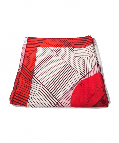 HERMES（エルメス）HERMES (エルメス) カシミヤシルク大判ショール140 ピンク×レッド サイズ:140 JEU DES OMNIBUS ET DAMES BLANCHESの古着・服飾アイテム