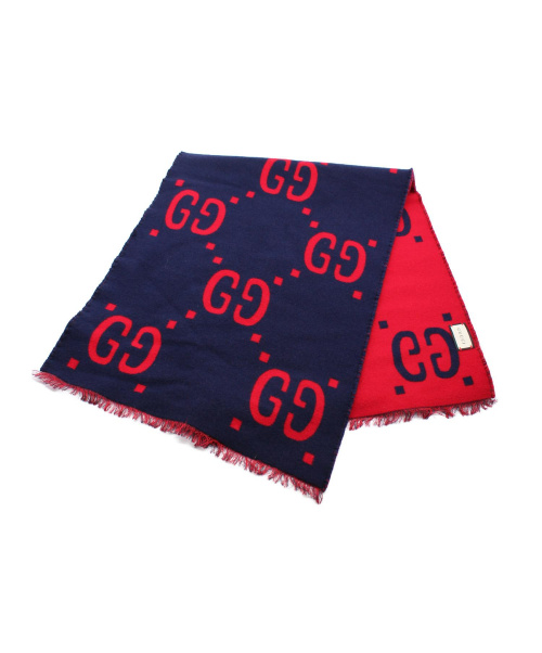 GUCCI（グッチ）GUCCI (グッチ) マフラー ネイビー×レッド サイズ:35×190の古着・服飾アイテム