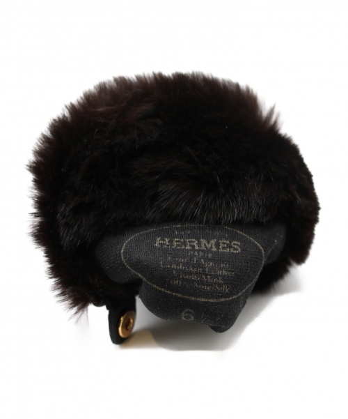 HERMES（エルメス）HERMES (エルメス) ファー付レザーグローブ ブラック サイズ:6 1/2 ゴールド金具の古着・服飾アイテム