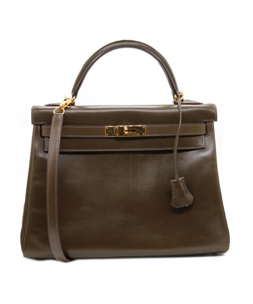 HERMES（エルメス）HERMES (エルメス) ケリーバッグ32 オリーブ ケリー32 内縫い 箱・布袋付 ボックスカーフ □F刻印(2002)の古着・服飾アイテム
