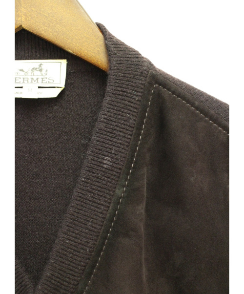 HERMES（エルメス）HERMES (エルメス) レザー切替ニット ダークボルドー サイズ:M 秋冬物 スウェード×カシミヤの古着・服飾アイテム