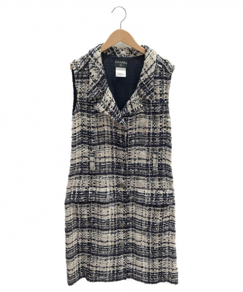 CHANEL（シャネル）CHANEL (シャネル) ノースリーブツイードワンピース ホワイト×ネイビー サイズ:42の古着・服飾アイテム
