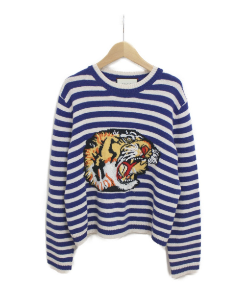 GUCCI（グッチ）GUCCI (グッチ) タイガー刺繍ボーダーニット ホワイト×ブルー サイズ:M ボーダーの古着・服飾アイテム