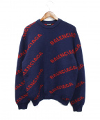 BALENCIAGAバレンシアガ）の古着「ロゴクルーネックニット」｜ネイビー×レッド