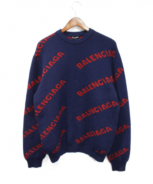 BALENCIAGA（バレンシアガ）BALENCIAGA (バレンシアガ) ロゴクルーネックニット ネイビー×レッド サイズ:Sの古着・服飾アイテム