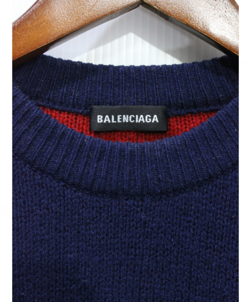BALENCIAGA（バレンシアガ）BALENCIAGA (バレンシアガ) ロゴクルーネックニット ネイビー×レッド サイズ:Sの古着・服飾アイテム
