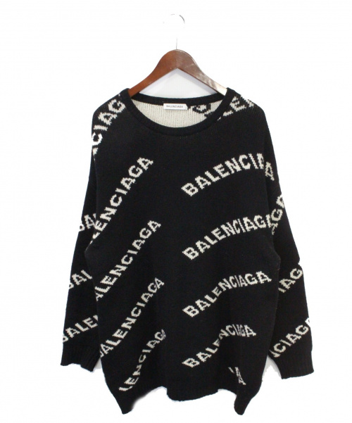 BALENCIAGA（バレンシアガ）BALENCIAGA (バレンシアガ) ロゴジャガードクルーネックニット ブラック サイズ:Ｌの古着・服飾アイテム
