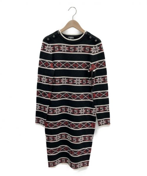 CHANEL（シャネル）CHANEL (シャネル) ノルディック柄ニットワンピース ブラック×レッド サイズ:34の古着・服飾アイテム