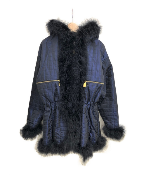 CHANEL（シャネル）CHANEL (シャネル) ファー付キルティングシルクジャケット ネイビー サイズ:34の古着・服飾アイテム