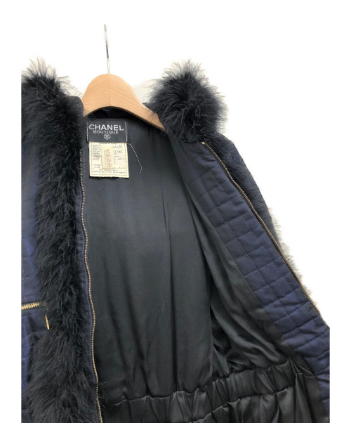 CHANEL（シャネル）CHANEL (シャネル) ファー付キルティングシルクジャケット ネイビー サイズ:34の古着・服飾アイテム
