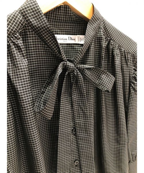 Christian Dior（クリスチャン ディオール）Christian Dior (クリスチャン ディオール) リボンブラウス ブラック サイズ:Ｆ34 チェック柄の古着・服飾アイテム