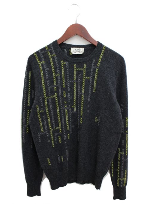 HERMES（エルメス）HERMES (エルメス) カシミヤニット ダークグレー×イエロー サイズ:Mの古着・服飾アイテム
