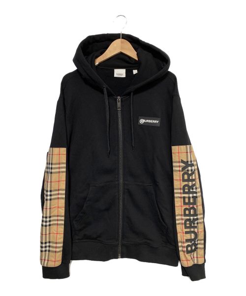 BURBERRY（バーバリー）BURBERRY (バーバリー) ロゴプリント ヴィンテージチェック パネル コットン フーデ ブラック サイズ:Mの古着・服飾アイテム