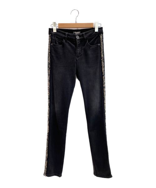 CHANEL（シャネル）CHANEL (シャネル) ツイードサイドラインデニムパンツ ブラック サイズ:34の古着・服飾アイテム