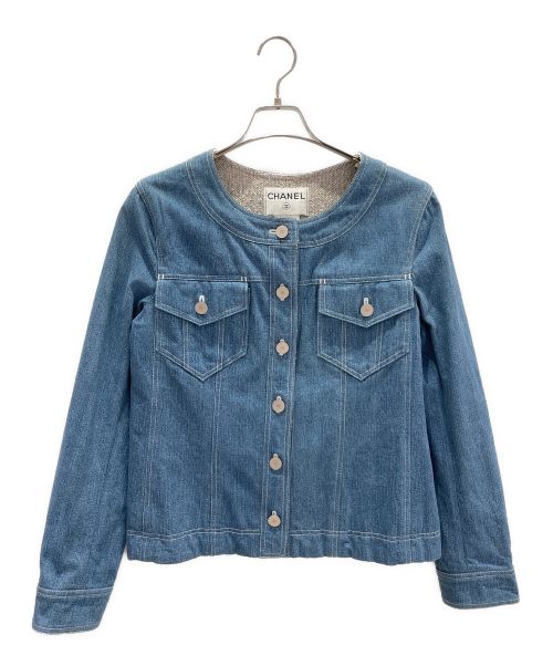 CHANEL（シャネル）CHANEL (シャネル) ノーカラーデニムジャケット ブルー サイズ:40の古着・服飾アイテム