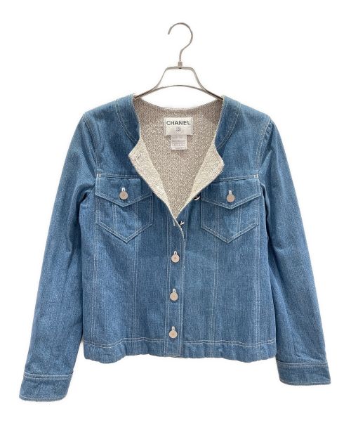 CHANEL（シャネル）CHANEL (シャネル) ノーカラーデニムジャケット ブルー サイズ:40の古着・服飾アイテム