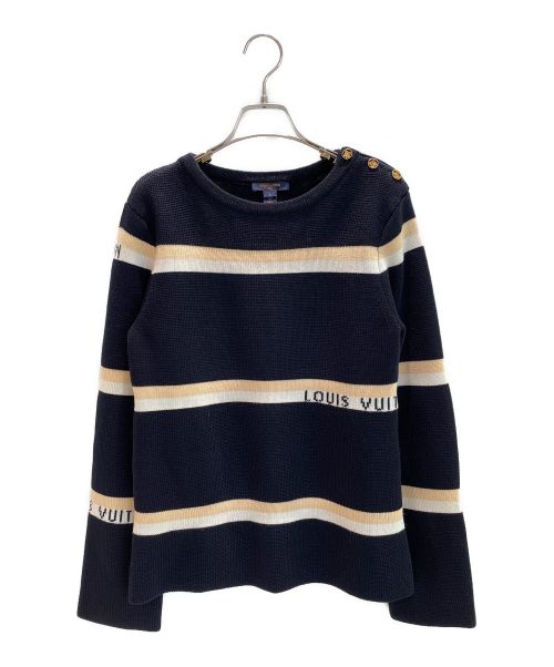 LOUIS VUITTON（ルイ ヴィトン）LOUIS VUITTON (ルイ ヴィトン) ロゴボーダーニットトップス ネイビー×ベージュ サイズ:Lの古着・服飾アイテム