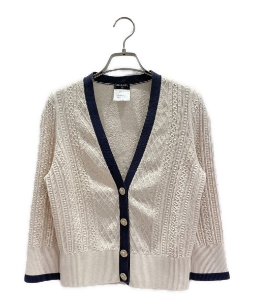 CHANEL（シャネル）CHANEL (シャネル) Vネックコットンカーディガン アイボリー×ネイビー サイズ:40の古着・服飾アイテム