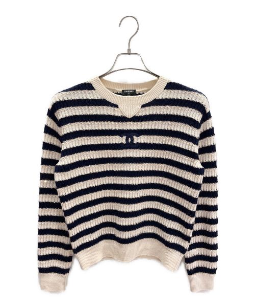 CHANEL（シャネル）CHANEL (シャネル) スパンコールボーダーニット アイボリー×ネイビー サイズ:38の古着・服飾アイテム