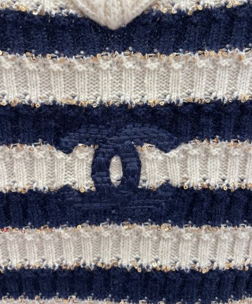 CHANEL（シャネル）CHANEL (シャネル) スパンコールボーダーニット アイボリー×ネイビー サイズ:38の古着・服飾アイテム
